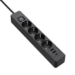 Фільтр мережевий ColorWay, 4 розетки, 2 м, чорний, 1xType-C (20 Вт, PD3.0), 2xUSB (18 Вт, QC3.0), провід з міді (до 2300 Вт), 10A