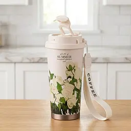 Термочашка для гарячих та холодних напоїв з трубочкою і подвійним відкриванням Summer Об'ємом 520 мл Термокухоль із подвійною стінкою 20x8 см та білим квітковим принтом Білий - мініатюра 7