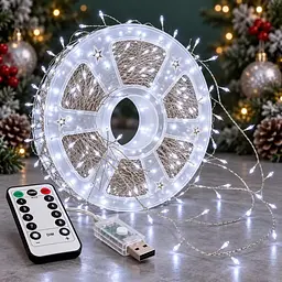 Світлодіодна гірлянда Мішура довжина 50 м на 1500 LED USB DT-1595 холодне біле світло з пультом ДК - мініатюра 3