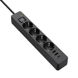 Фільтр мережевий ColorWay, 4 розетки, 2 м, чорний, 1xType-C (20 Вт, PD3.0), 2xUSB (18 Вт, QC3.0), дріт з міді (до 2300 Вт), 10A