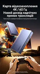 Карта захоплення відео UGREEN UG503 HDMI-вхід і наскрізний HDMI-вихід 4K 60 Гц до ПК через USB-C USB 3.2 Gen 1 5 Гбіт/с потрібні сумісні порт і кабель запис 4K 60 Гц 2K 144 Гц 1080p 120 Гц мікрофонний вхід і вихід навушників 3,5 мм Windows macOS Linux Android OBS Studio PotPlayer без драйверів RGB24 без стиснення у 1080p 60 Гц силіконова основа у комплекті USB-C ↔ USB-C з адаптером USB-A 0,5 м та HDMI ↔ HDMI 1,5 м лавандово-фіолетова (95419) - мініатюра 8