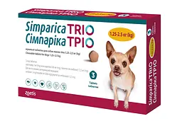 Таблетка против внешних и внутренних паразитов для собак Zoetis Simparica TRIO от 1.3 до 2.5 кг ЦЕНА ЗА 1 ШТ 10024331