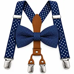 Подтяжки с бабочкой — комплект подтяжки и галстук-бабочка темно синий в белый горошек, 4 металлических зажима KT7003244 - миниатюра 5