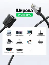 Подовжувач Ethernet UGREEN NW112 0,5 м LAN-кабель від штекера RJ45 до гнізда RJ45 Cat 6 зі швидкістю до 1000 Мбіт/с і смугою пропускання 250 МГц зворотна сумісність із Cat 5 і Cat 5e екранований F/UTP жила з чистої міді 26 AWG RJ45-штекери з металевими елементами підсилення пряме з'єднання за схемою T568B чорний (11278) - мініатюра 6