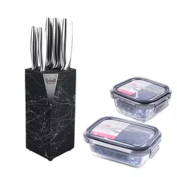 Набір ножів на підставці Prime Chef та скляних контейнерів Artglass + ПОДАРУНОК: Набір кухонних дощок