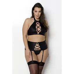 Комплект с имитацией шнуровки топ Passion Nancy Set, трусики и пояс для чулок, 4XL/5XL, черный
