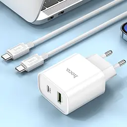 МЗП Hoco C80A Plus Rapido PD20W+QC3.0 (1USB-A/1C) + кабель Type-C to Type-C White - мініатюра 7