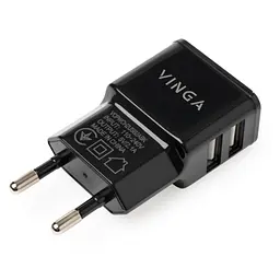 Зарядний пристрій Vinga, настінний, 2 порти USB, 2.1 А (VCPWCH2USB2ABK)