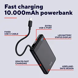 Trust Акумулятор портативний літій-іонний power bank Trust Fiera, 10000мА·рік, 2хUSB-C, 20W, PD/QC 3.0, чорний - мініатюра 4