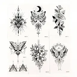 Набір тимчасових тату Метелики та квіти №3 black-tattoo-mini-set-f03 із 6 чорних по 9,5 х 5,5 см