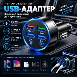 Автомобільний зарядний пристрій 6-в-1 PowerHub 100Вт (4USB + 2PD) - мініатюра 6