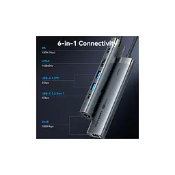 Концентратор VENTION USB-C 6-in-1 HDMI + 2xUSB 3.0 + RJ45 + PD 100W (TGNHB) - мініатюра 4
