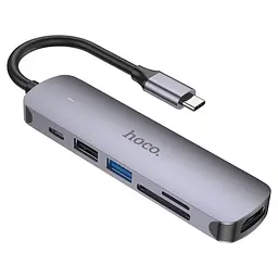 Мультіадаптер хаб Hoco HB28 6в1 Type-C to USB 3.0 (F) / USB 2.0 (F) / HDMI (F) / Type-C (F) / SD / TF PD 100W 0.135m сірий