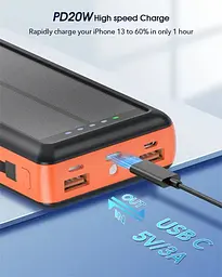 Зарядний пристрій на сонячних батареях Powerbank 619S 20000mAh із ліхтариком та швидкою зарядкою - мініатюра 5