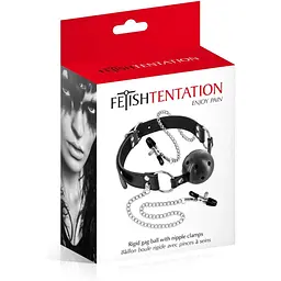 Повітропроникний кляп із затискачами для сосків Fetish Tentation Rigid Gag Ball With Nipple Clamps - мініатюра 2