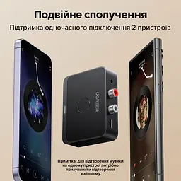Аудіоприймач Bluetooth 6.0 UGREEN BT505 з аудіовиходами AUX 3,5 мм та 2×RCA L/R з підтримкою LDAC AAC SBC близько 15 год роботи від акумулятора сполучення з 2 пристроями з відтворенням з одного кнопка відтворення та паузи робота під час заряджання заряджання через USB-C темно-сірий із чорним (55545) - мініатюра 3