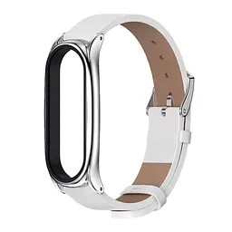 Шкіряний ремінець MiJobs для фітнес-браслета Xiaomi Mi Band 5 и 6 Type С білий, тримач - сріблястий - мініатюра 2