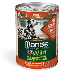 Корм Monge Bwild Dog Adult М'ясні шматочки в соусі з індичкою, гарбузом і цукіні для дорослих собак усіх порід 400 г