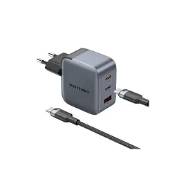 Зарядний пристрій Vention 2xUSB-C PD70W + 1xUSB QC3.0 22.5W GaN + cable USB-C to USB-C 1.0m black gray (TZ-FEXH0-EU) - мініатюра 2