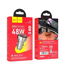 Адаптер автомобільний Hoco Leader dual-port Car charger with digital display Z50 |1USB/1Type-C, 48W/3A, PD/QC| - мініатюра 2