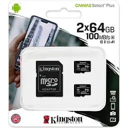 Карта пам'яті Kingston microSDXC 64GB Canvas Select Plus Class 10 UHS-1 А1 2 шт + SD адаптер [SDCS2/64GB-2P1A] [121488] - мініатюра 3