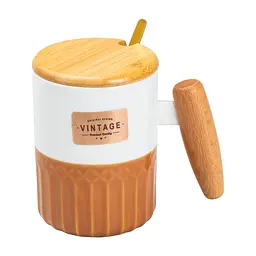 Чашка порцелянова 400 мл Vintage з бамбуковою кришкою та ложкою, помаранчевий з білим Happy Life HP7204BR - мініатюра 13