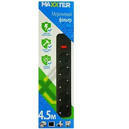 Мережевий фільтр Maxxter SPM5-G-10G подовжувач 5 розеток 4.5 м чорний - мініатюра 3
