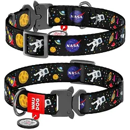 Нашийник для собак Waudog Nylon нейлоновий c QR паспортом, малюнок NASA, металева пряжка-фастекс, S, Ш 15 мм, Дов 23-35 см