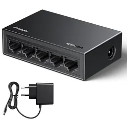 Некерований Ethernet-комутатор UGREEN CM833 5 портів RJ45 10/100/1000 Мбіт/с на кожному порту Кожен порт може бути висхідним або низхідним Plug and Play Настінне кріплення Безвентиляторна конструкція Чорний (35492EU)