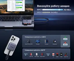 Картридер із магнітним кріпленням і заряджанням UGREEN CM898 зчитувач карт пам’яті підключення USB-C USB 3.0 до 5 Гбіт/с слоти SD та microSD (TF) SD 4.0 TF 4.0 UHS-II зі швидкістю шини до 312 МБ/с наскрізне заряджання через USB-C PD 3.0 до 100 Вт одночасна робота двох слотів одночасне заряджання та передавання даних підтримка носіїв місткістю до 4 ТБ знімний кабель USB-C на USB-C 15 см у комплекті сірий (65095) - мініатюра 4