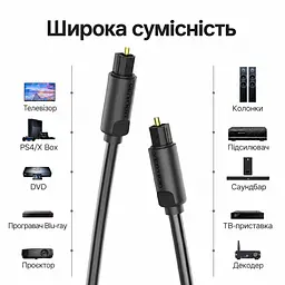 Оптичний цифровий аудіокабель Vention 1,5 м Toslink Тослінк Оптичні штекери S/PDIF 5.1-канальне аудіо Для 5.1 джерело й приймач мають підтримувати формат Чорний (BAEBG) - мініатюра 5