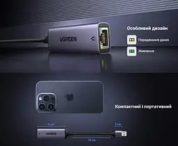 USB-мережевий адаптер UGREEN CM209 мережева карта вхідний штекер USB-A 3.0 та вихідний порт RJ45 Gigabit Ethernet 10/100/1000 Мбіт/с вбудований кабель 10 см сумісний із Nintendo Switch живлення від USB без зовнішнього блока живлення зворотна сумісність із USB 2.0/1.1 світлодіодні індикатори Link та Activity космічний сірий (50922) - мініатюра 3