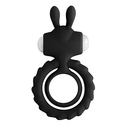 Чорне подвійне ерекційне кільце з вібростимуляцією "Rabbit" — силіконове віброкільце для члена та стимуляції клітора