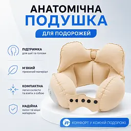 Анатомічна надувна подушка для шиї (кремова) для подорожей, літака, автомобіля, автобуса та потяга - мініатюра 3