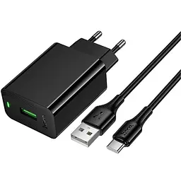 Мережевний зарядний пристрій Hoco CS92A Leader 18W+QC3.0 1USB-A + кабель USB to Type-C Black - мініатюра 2