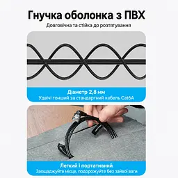 Мережевий кабель Ethernet Vention 1,5 м патч-корд RJ45 штекер на RJ45 штекер Cat6A до 10 Гбіт/с кутові роз'єми 90° з обертанням на 360° тонкий діаметром 2,8 мм неекранована вита пара UTP жили з безкисневої міді смуга частот 500 МГц чорний (IBOBG) - мініатюра 4