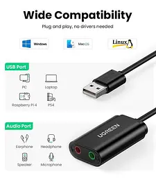 Зовнішній стереофонічний звуковий адаптер Ugreen US205 для навушників USB 3,5 мм Black (30724) - мініатюра 6