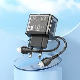 Зарядний пристрій Hoco N34 USB/ Type-C QC PD 20W прозоро-чорний + кабель Type-C to Lightning - мініатюра 4