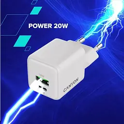 Зарядний пристрій Canyon CU20AC GaN 20 Вт 1xPD 1xQC EU білий (CNS-CUW20AC) - мініатюра 6