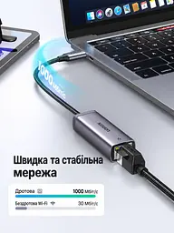Мережевий адаптер Ethernet UGREEN CM483 зовнішня мережева карта з USB-C 3.1 Gen 1 на порт RJ45 до 1000 Мбіт/с для Windows macOS Linux та iPadOS із підтримкою Switch без встановлення драйверів у Windows 11/10/8.1/8 macOS та iPadOS з індикаторами живлення та передавання даних з вбудованим кабелем в обплетенні на чипі AX88179A сіро-чорний (40322) - мініатюра 8