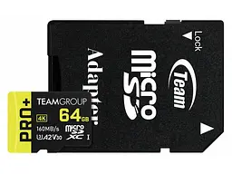 Карта пам'яті Team Pro+ MicroSDXC UHS-I U3 Class 10 + SD-адаптер 64 GB (TPPMSDX64GIA2V3003)