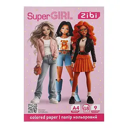 Папір кольоровий ZiBi Kids Line Super Girl А4, 18 аркушів 9 кольорів (ZB.1900-10)