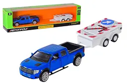 Іграшкова машинка позашляховик Ford F-150 з причепом металева 1:43 Автопром 43005TR, у коробці 28x8x6,5 см АВТОПРОМ