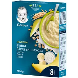 Дитяча каша Gerber молочна швидкорозчинна Мультизлакова з йогуртом, бананом і г (7613039834244) - мініатюра 1