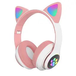 Повнорозмірні навушники бездротові No Brand Cat Headset M23 Bluetooth з RGB підсвічуванням та котячими вушками Pink