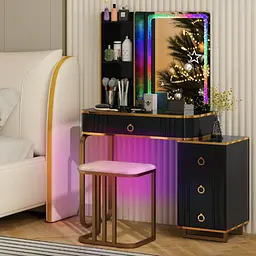 Туалетний столик Costway Vicci з пуфом + дзеркало LED чорний - мініатюра 3