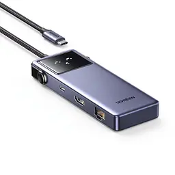 USB-C хаб UGREEN Uno CM888 7-в-1 HDMI 4K 60 Гц 2K 120 Гц 1080p 120 Гц 2×USB-A 3.0 та USB-C 3.0 до 5 Гбіт/с USB-A 2.0 до 480 Мбіт/с RJ45 до 1000 Мбіт/с вхід USB-C PD 3.0 до 100 Вт наскрізне заряджання до 85 Вт HDMI потребує USB-C з DisplayPort Alt Mode заряджання потребує підтримки приймання USB PD дублювання/розширення HDR Dolby Atmos без драйверів Nintendo Switch Steam Deck ROG Ally Lenovo Legion Go кабель 0,2 м синьо-сірий із чорними акцентами (45155)