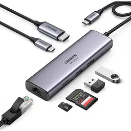 Концентратор Ugreen USB3.1 Type-C to HDMI/USB 3.0x2/RJ45/SD/TF/PD 100W CM512 (60515) - мініатюра 2
