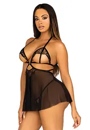 Сорочка бебі-дол з відкритими чашками Leg Avenue Lace and mesh babydoll & panty Black M, стрінги - мініатюра 6