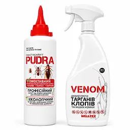 Комплект від бліх Venom Spray 750 мл + Pudra 220 мл потужний спрей + механічний порошок для повного знищення бліх